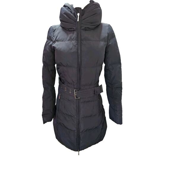 Zara Womens Down Jacket High Neck Puffer Long Coat Belted Black Pocket Zip Small - Picture 1 of 6